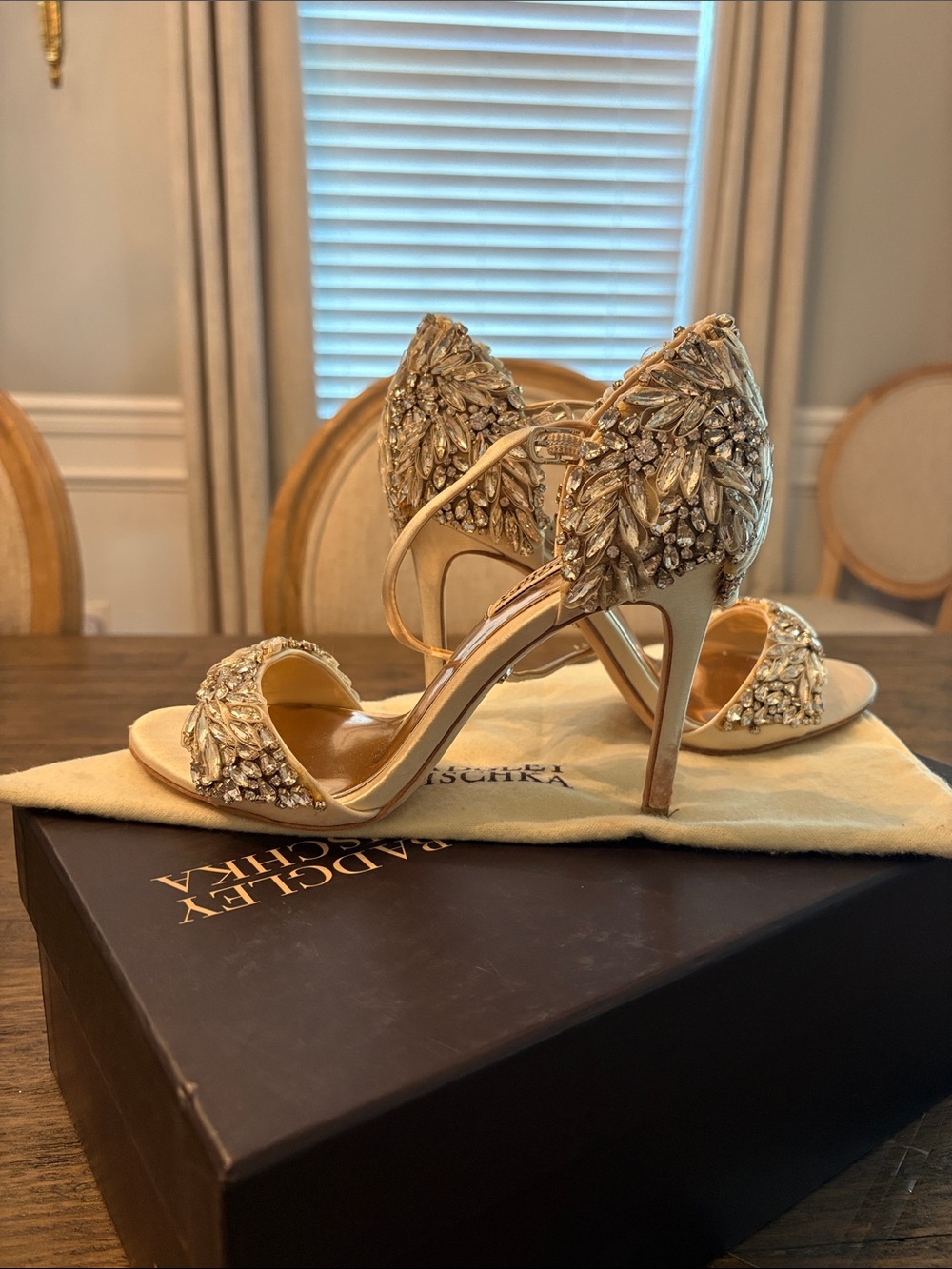 Badgley Mischka Gold Crystal Leaf Evening Heels